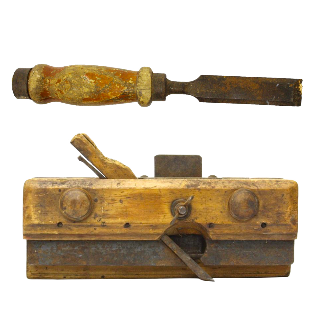 Antique wooden plane before conservation, with measuring scale